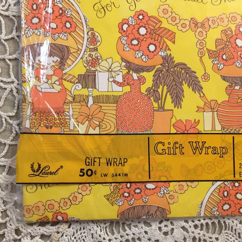 Vintage 1970s Bridal Shower Gift Wrap Paper Tea Party Kitties